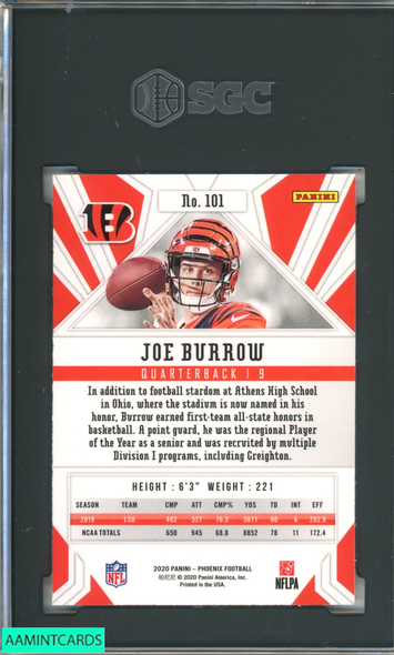 2020 PANINI PHOENIX JOE BURROW #101 FIRE BURST ROOKIE RC SGC 9.5 MT+ 4497424