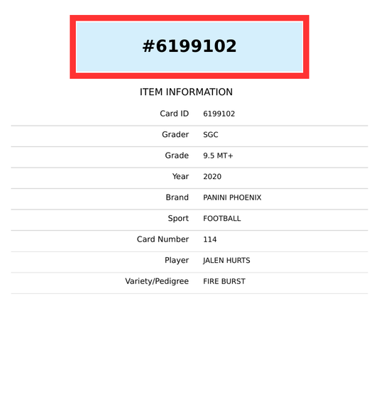 2020 PANINI PHOENIX JALEN HURTS #114 FIRE BURST ROOKIE RC SGC 9.5 MT+ 6199102