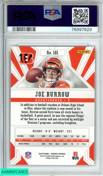 2020 PANINI PHOENIX JOE BURROW #101 FIRE BURST ROOKIE RC PSA 10 GEM MT 76997629