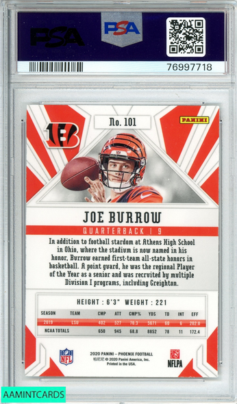 2020 PANINI PHOENIX JOE BURROW #101 FIRE BURST ROOKIE RC PSA 10 GEM MT 76997718