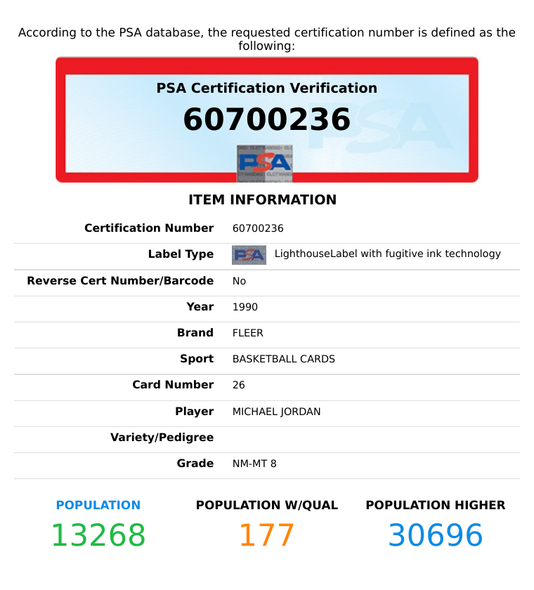 1990 FLEER MICHAEL JORDAN #26 CHICAGO BULLS HOF PSA 8 NM-MT 60700236