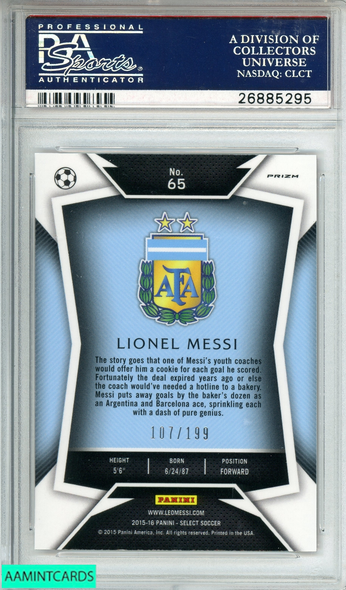 2015 PANINI SELECT LIONEL MESSI#65 DARK BLUE JERSEY-RED PRIZM 107 OF 199 PSA 10 26885295