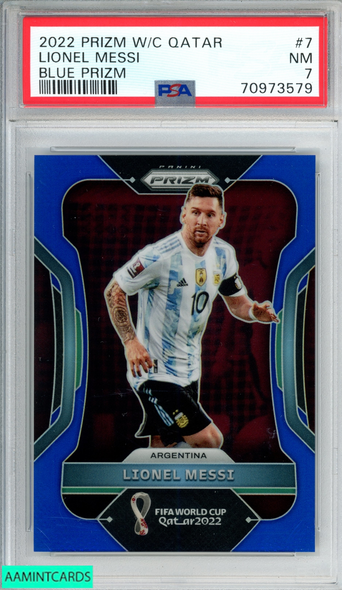 2022 PANINI PRIZM WORLD CUP QATAR LIONEL MESSI #7 BLUE PRIZM 133 OF 299 PSA 7 NM 70973579