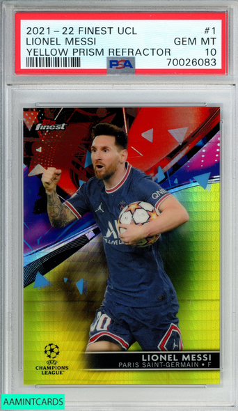 2021-22 TOPPS FINEST UCL LIONEL MESSI #1 YELLOW PRISM REFRACTOR 67 OF 250 PSA 10 70026083