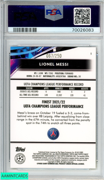 2021-22 TOPPS FINEST UCL LIONEL MESSI #1 YELLOW PRISM REFRACTOR 67 OF 250 PSA 10 70026083