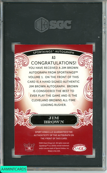 2008 SPORT KINGS JIM BROWN #A3 AUTO RED 2 OF 50  BROWNS HOF SGC 8.5 NMNT+ AU 10 4212742