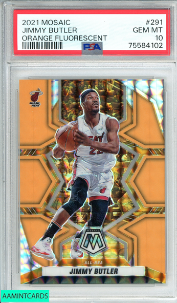 2021 PANINI MOSAIC JIMMY BUTLER #291 ORANGE FLUORESCENT 7 OF 25 PSA 10 GEM MT 75584102