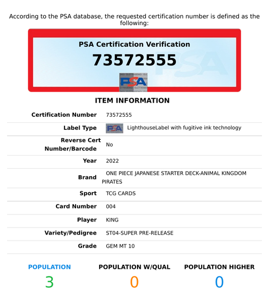 2022 ONE PIECE JAPANESE KING #004 ST04 SUPER PRE-RELEASE PSA 10 GEM MT 73572555