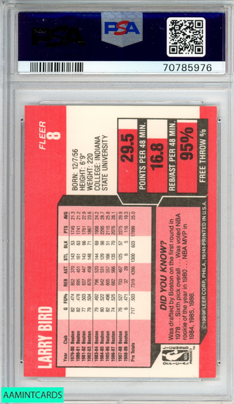 1989 FLEER LARRY BIRD #8 BOSTON CELTICS HOF PSA 9 MINT 70785976