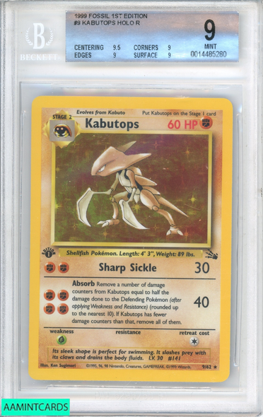 1999 POKEMON FOSSIL 1ST EDITION KABUTOPS HOLO R #9 BGS 9 MINT 0014485280