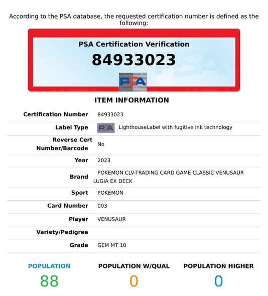 2023 POKEMON CLV EN CLASSIC VENUSAUR LUGIA EX DECK VENUSAUR #003 PSA 10 GEM MT 84933023