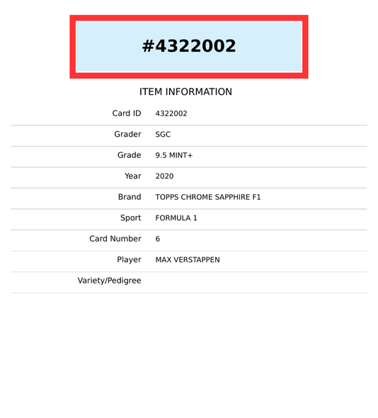 2020 TOPPS CHROME SAPPHIRE F1 MAX VERSTAPPEN #6 SP 70TH ANIV 16 OF 70 RC SGC 9.5 4322002