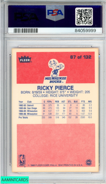 1986 FLEER RICKY PIERCE #87 MILWAUKEE BUCKS PSA 8 NM-MT 84059999
