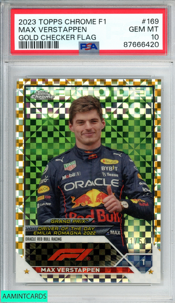 2023 TOPPS CHROME FORMULA 1 MAX VERSTAPPEN #169 GOLD CHECKER FLAG 1 OF 50 PSA 10 87666420