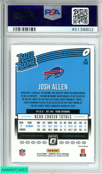 2018 PANINI DONRUSS OPTIC JOSH ALLEN #154 AQUA OF 299 RC PSA 9 MINT 45139802