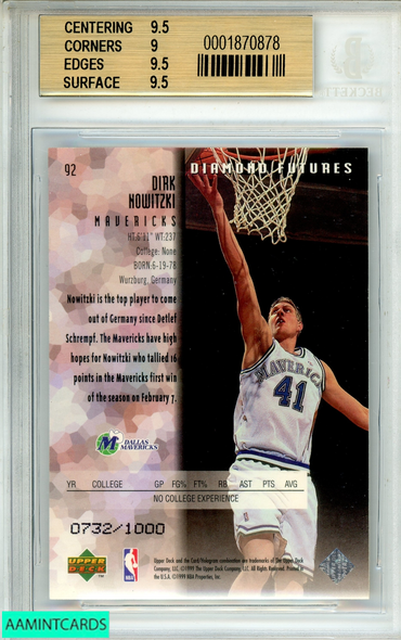 1998-99 BLACK DIAMOND DIRK NOWITZKI #92 TRPL DIAMOND 732 OF 1000 RC BGS 9.5 0001870878