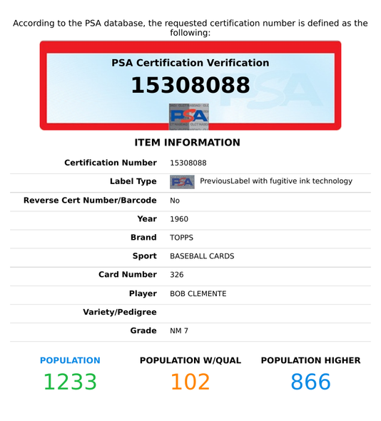1960 TOPPS BOB ROBERTO CLEMENTE #326 PITTSBURGH PIRATES HOF PSA 7 NM 15308088