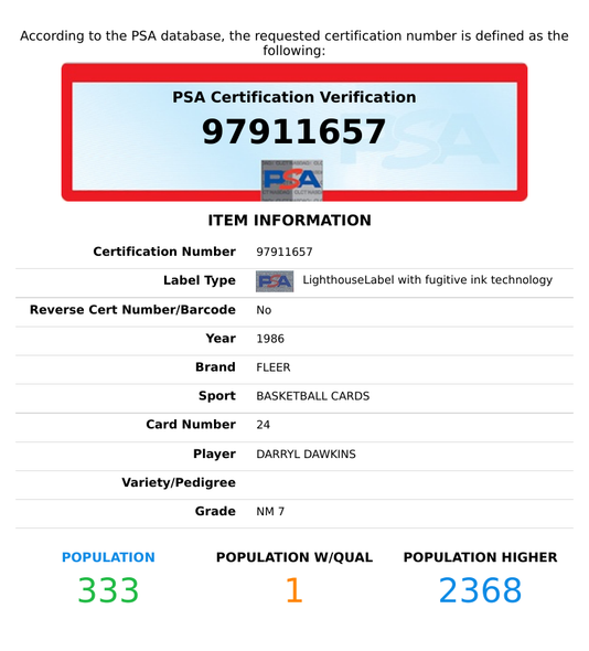 1986 FLEER DARRYL DAWKINS #24 NEW JERSEY NETS PSA 7 NM 97911657