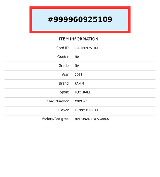 2022 PANINI NATIONAL TREASURES KENNY PICKETT #CRPA-KP RC ROOKIE 999960925109