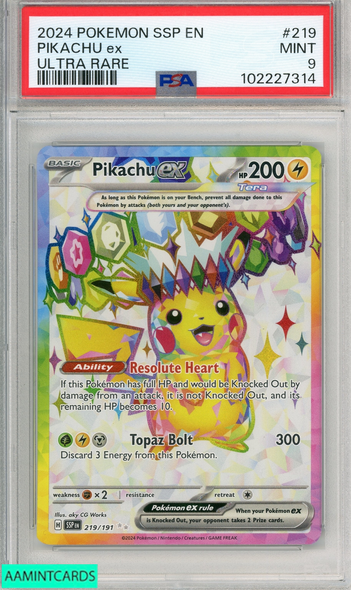 2024 POKEMON SSP EN-SURGING SPARKS PIKACHU EX #219 ULTRA RARE PSA 9 MINT 102227314