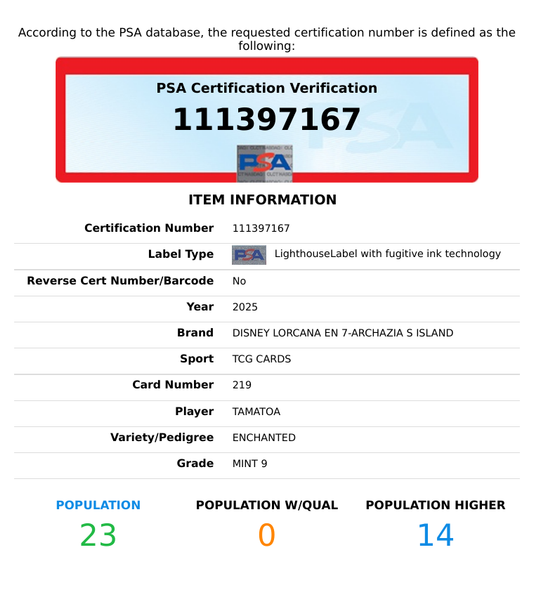 2025 DISNEY LORCANA EN 7-ARCHAZIA S ISLAND TAMATOA #219 ENCHANTED PSA 9 MINT 111397167