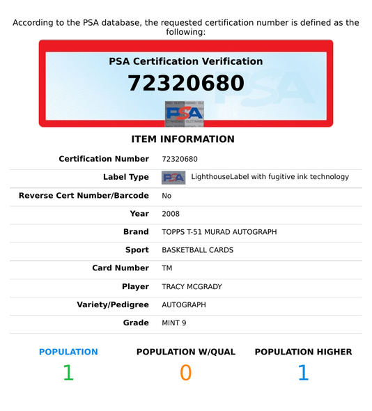 2008 TOPPS T-51 MURAD AUTOGRAPH TRACY MCGRADY #TM AUTOGRAPH PSA 9 MINT 72320680