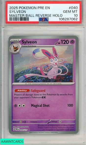 2025 POKEMON PRE EN-PRISMATIC EVOLS SYLVEON #040 MASTER BALL REV HOLO PSA 10 106287062