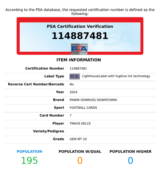 2024 PANINI DONRUSS DOWNTOWN! TRAVIS KELCE #7 PSA 10 GEM MT 114887481
