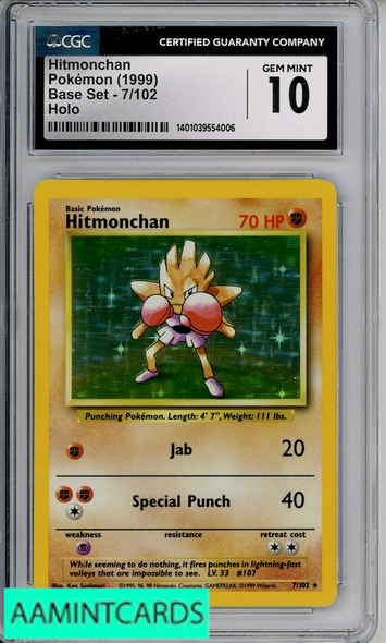 1999 POKEMON BASE SET HITMONCHAN #7 HOLO CGC 10 GEM MINT 1401039554006
