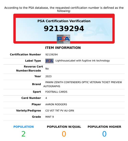2023 PANINI ZENI AARON RODGERS #4 CONT VET TKT PV AU-GRN 11 OF 23 PSA 9 AU 10 GM 92139294