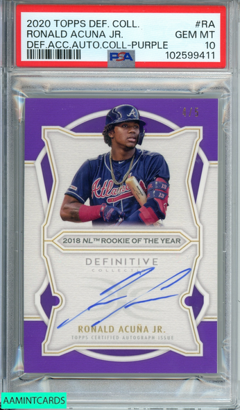 2020 TOPPS DEF COLL RONALD ACUNA JR #RA DEF ACC AUTO COLL-PURPLE 4 OF 5 PSA 10 102599411
