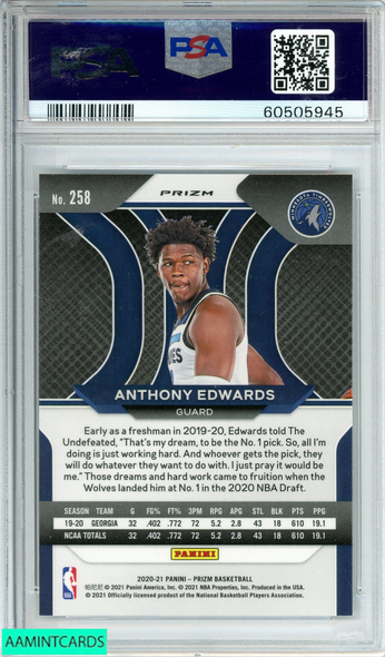 2020 PANINI PRIZM ANTHONY EDWARDS #258 SILVER PRIZM RC PSA 9 MINT 60505945