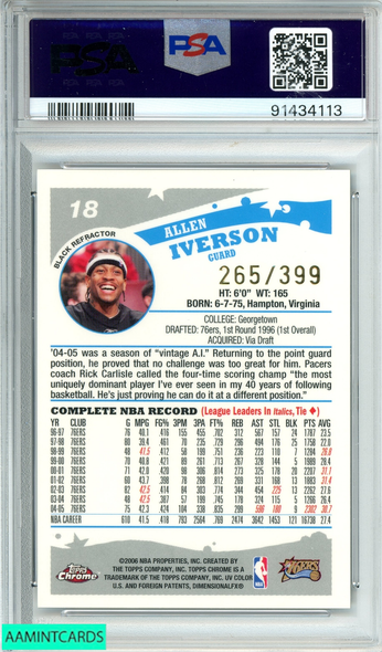 2005 TOPPS CHROME ALLEN IVERSON #18 BLACK REFRACTOR RC 265 OF 399 PSA 9 MINT 91434113