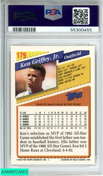 1993 TOPPS KEN GRIFFEY JR  #179 SEATTLE MARINERS HOF PSA 10 GEM MT 55300455