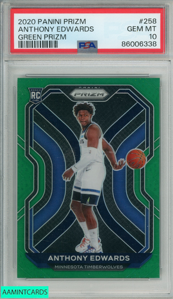 2020 PANINI PRIZM ANTHONY EDWARDS #258 GREEN PRIZM ROOKIE RC PSA 10 GEM MT 86006338 2020 PANINI PRIZM ANTHONY EDWARDS #258 GREEN PRIZM ROOKIE RC PSA 10 GEM MT 86006338