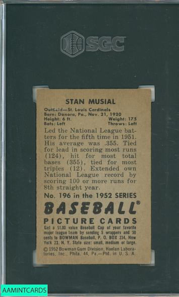 1952 BOWMAN STAN MUSIAL #196 CARDINALS HOF SGC 3 VG 5715018