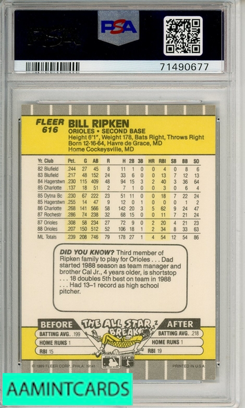 1989 FLEER BILL RIPKEN #616 FF ERROR PSA 9 MINT 71490677