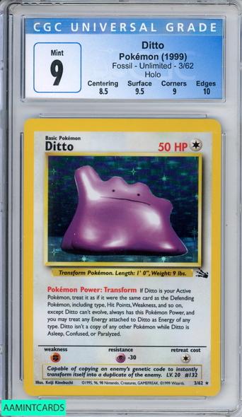 1999 POKEMON FOSSIL DITTO #3 UNLIMITED HOLO CGC 9 MINT 4088936059