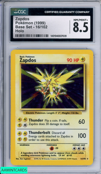 1999 POKEMON BASE SET ZAPDOS #16 HOLO CGC 8.5 NM-MT+ 1401040037039