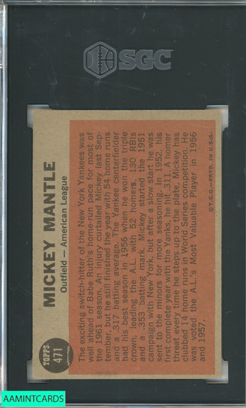 1962 TOPPS MICKEY MANTLE #471 ALL STAR NEW YORK YANKEES HOF SGC 2.5 GD+ 9130168