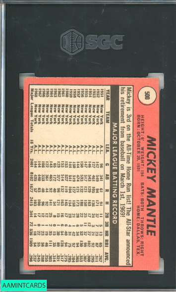 1969 TOPPS MICKEY MANTLE #500 NEW YORK YANKEES HOF SGC 2.5 GD+ 5390627