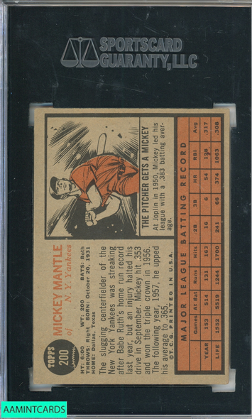 1962 TOPPS MICKEY MANTLE #200 NEW YORK YANKEES HOF SGC AUTHENTIC 1283878-026