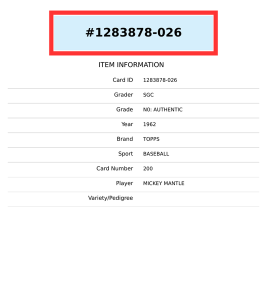 1962 TOPPS MICKEY MANTLE #200 NEW YORK YANKEES HOF SGC AUTHENTIC 1283878-026