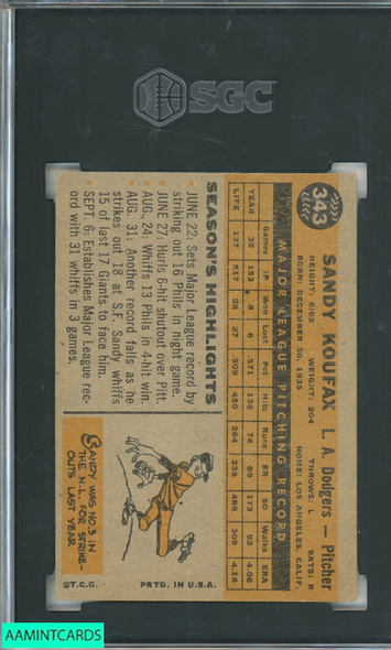 1960 TOPPS SANDY KOUFAX #343 LOS ANGELES DODGERS HOF SGC 4 VG-EX 3099050 1960 TOPPS SANDY KOUFAX #343 LOS ANGELES DODGERS HOF SGC 4 VG-EX 3099050
