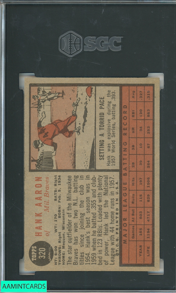 1962 TOPPS HANK AARON #320 MILWAUKEE BRAVES HOF SGC 4.5 VG-EX+ 7407846
