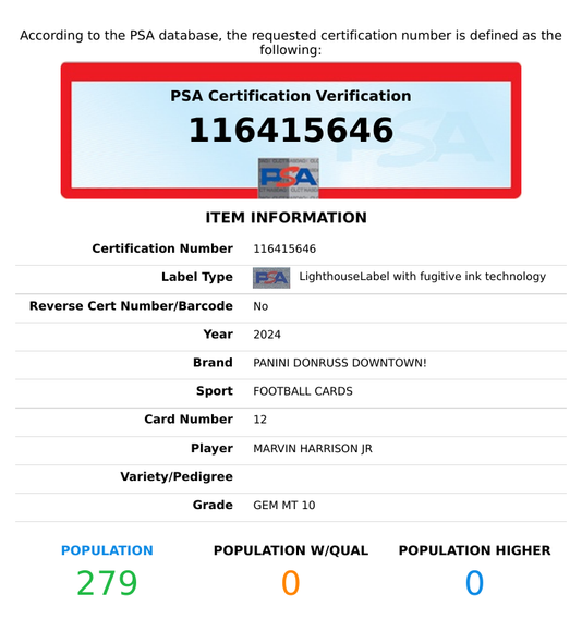2024 PANINI DONRUSS DOWNTOWN! MARVIN HARRISON JR #12 ROOKIE RC PSA 10 GEM MT 116415646