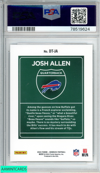 2022 PANINI DONRUSS DOWNTOWN! JOSH ALLEN #DTJA BILLS PSA 9 MINT 78519624 2022 PANINI DONRUSS DOWNTOWN! JOSH ALLEN #DTJA BILLS PSA 9 MINT 78519624