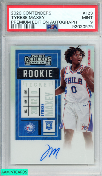 2020 PANINI CONTENDERS TYRESE MAXEY #123 PREMIUM ROOKIE TICKET AUTO RC PSA 9 92020575