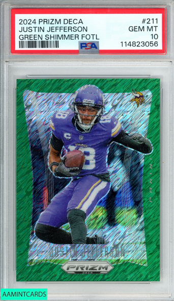 2024 PANINI PRIZM DECA JUSTIN JEFFERSON #211 GREEN SHIMMER FOTL 1 OF 12 PSA 10 114823056
