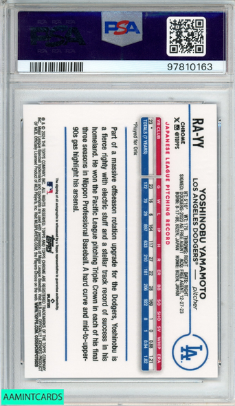 2024 TOPPS CHROME ROOKIE AUTO YOSHINOBU YAMAMOTO #RAYY PURPLE OF 250 RC PSA 9 97810163